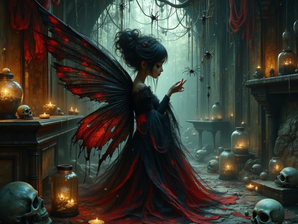 Evil Fairy in Dark, Cobweb-Filled Home