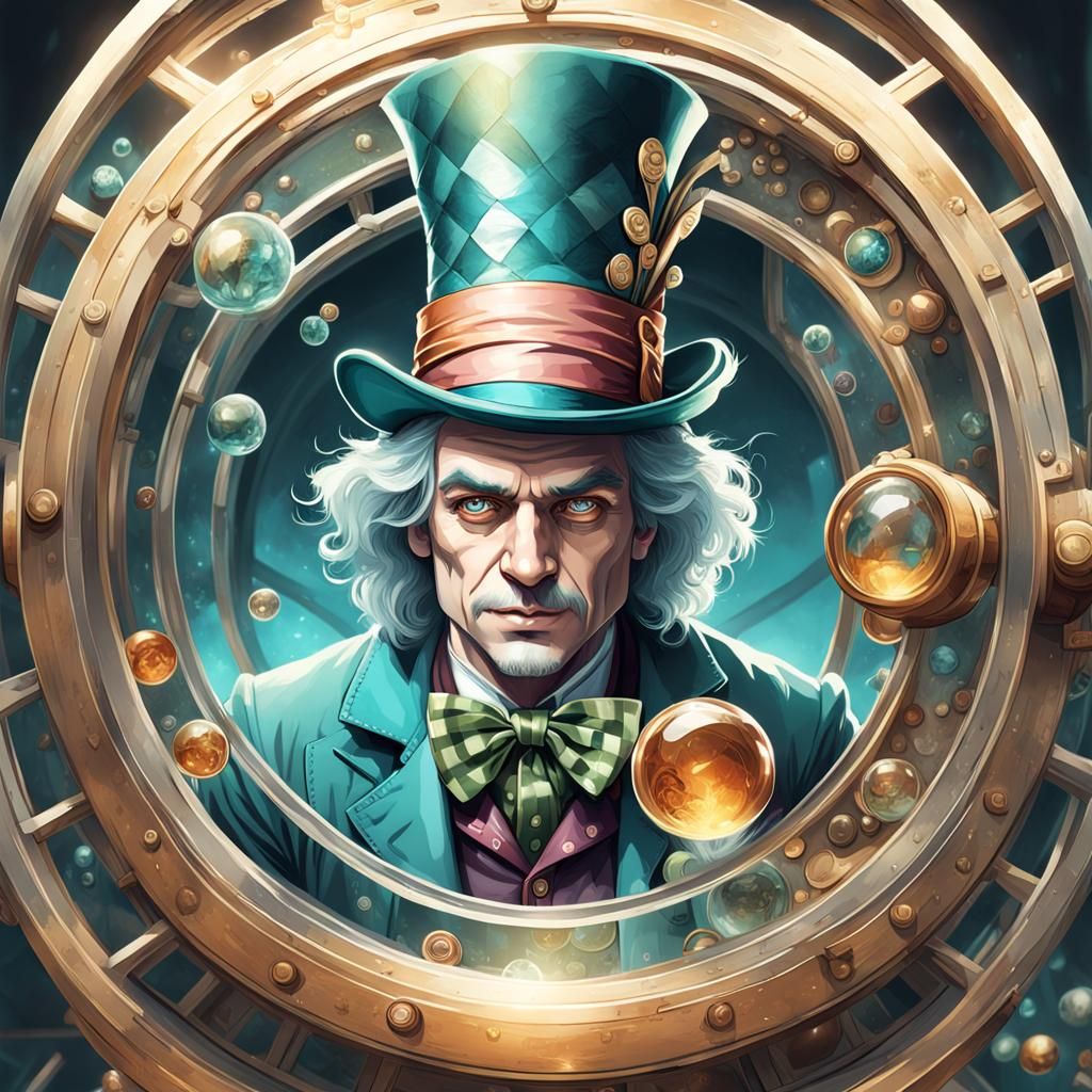 Mad Hatter in Glass Elevator: Digital Art Portrait