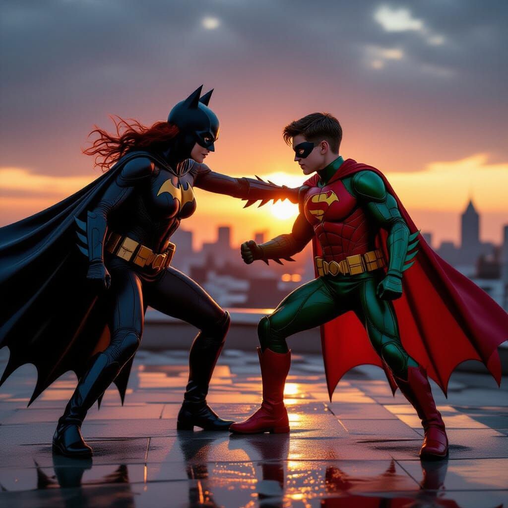 Gotham Rooftop Clash at Sunset