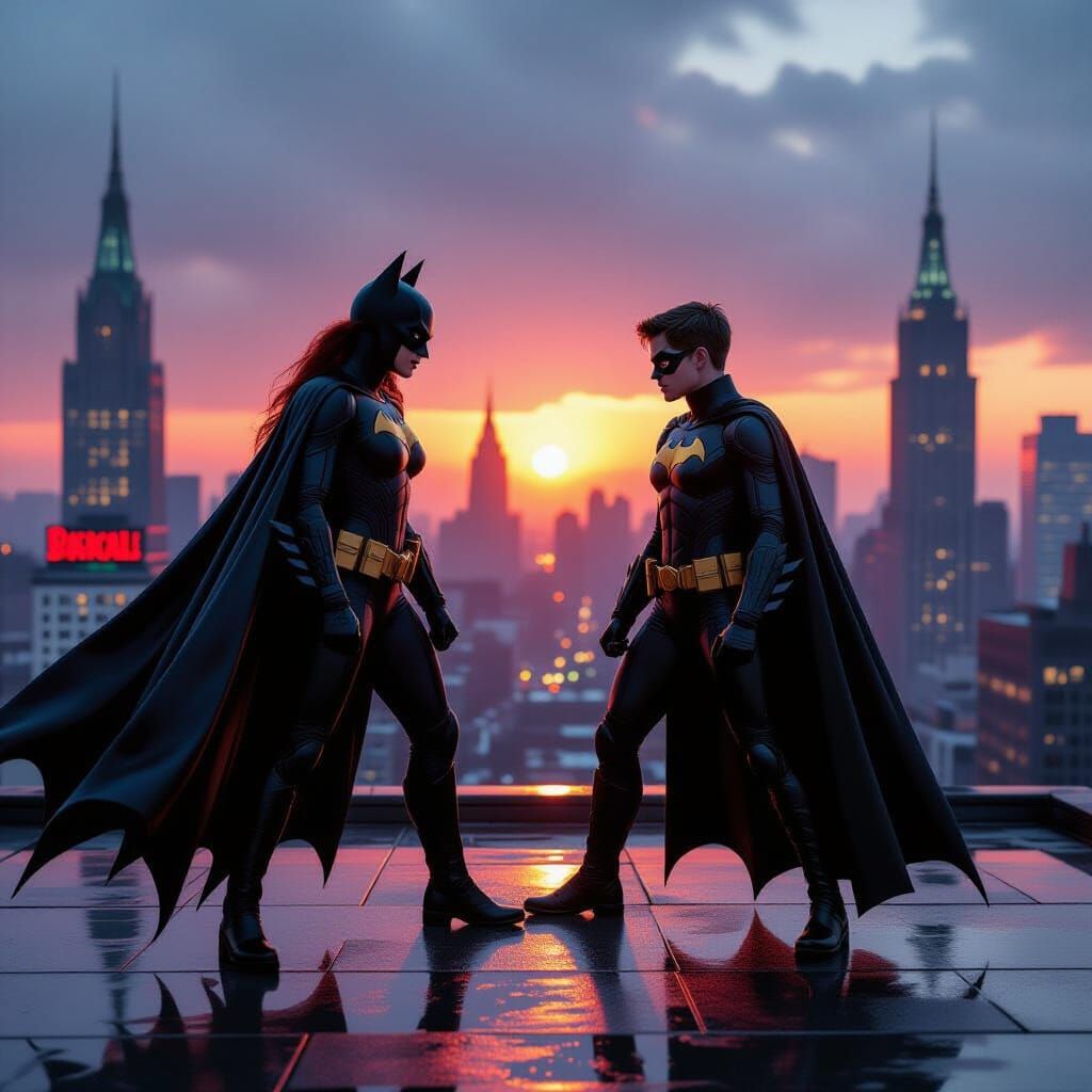 Gotham Rooftop Clash in Hyper-Realistic Style
