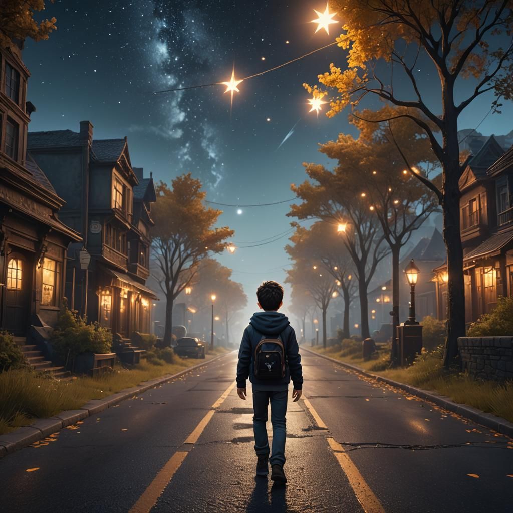 Sad Boy Walks Under Sparkling Starry Night