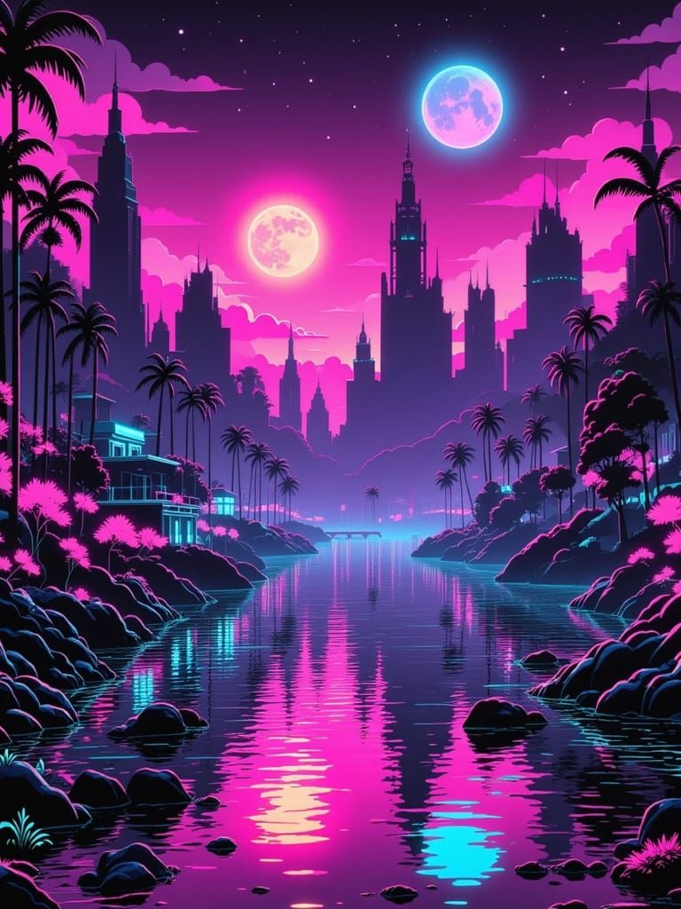 Cyberpunk Alien World with Falling Sun and Twin Moons
