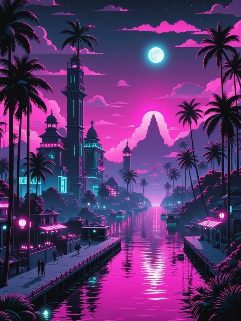 Cyberpunk Alien City with Twin Moons