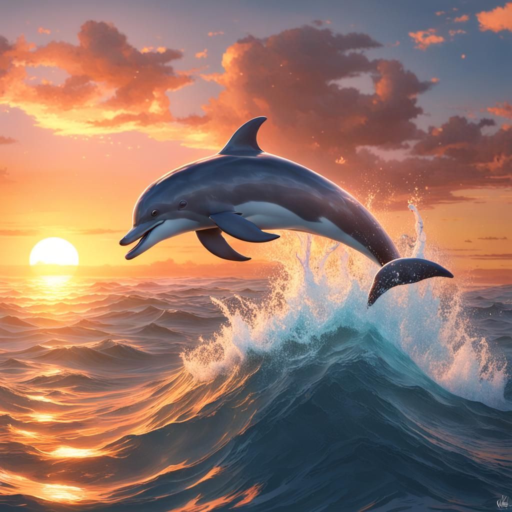 Dolphin Sunset: 3D Anime Style Ocean Art