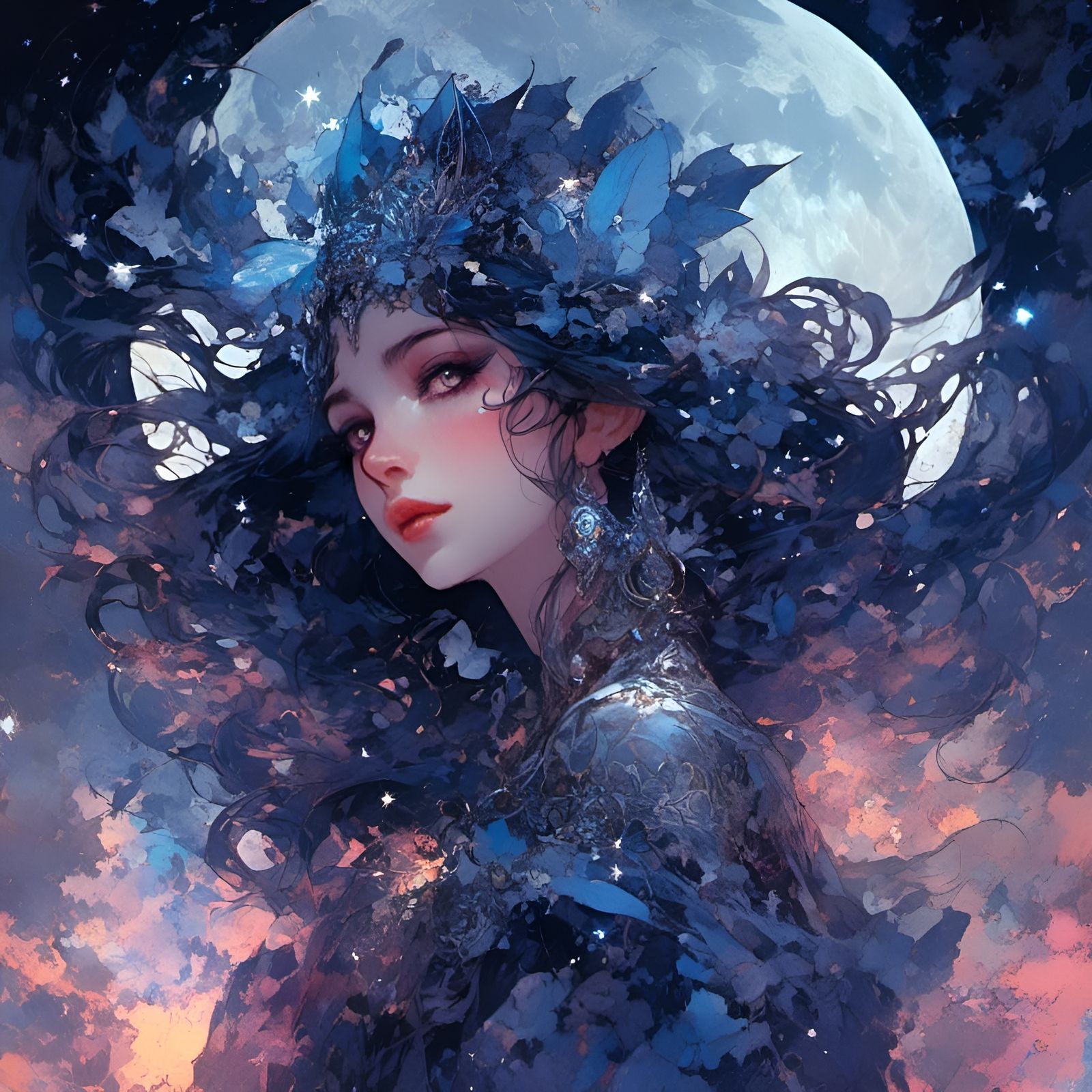 Surreal Night Elf Princess Double Exposure Portrait