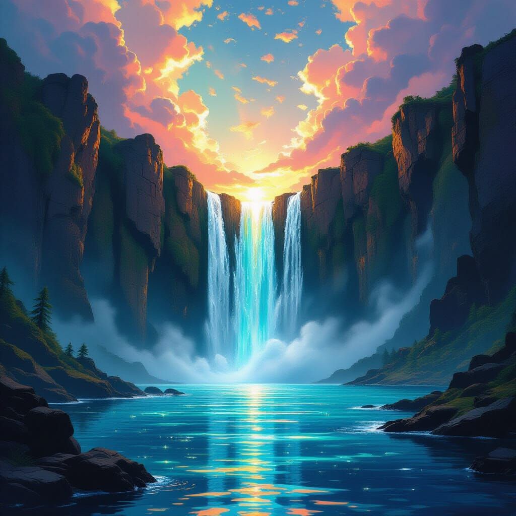 Cosmic Waterfall: Surreal Impressionist Landscape