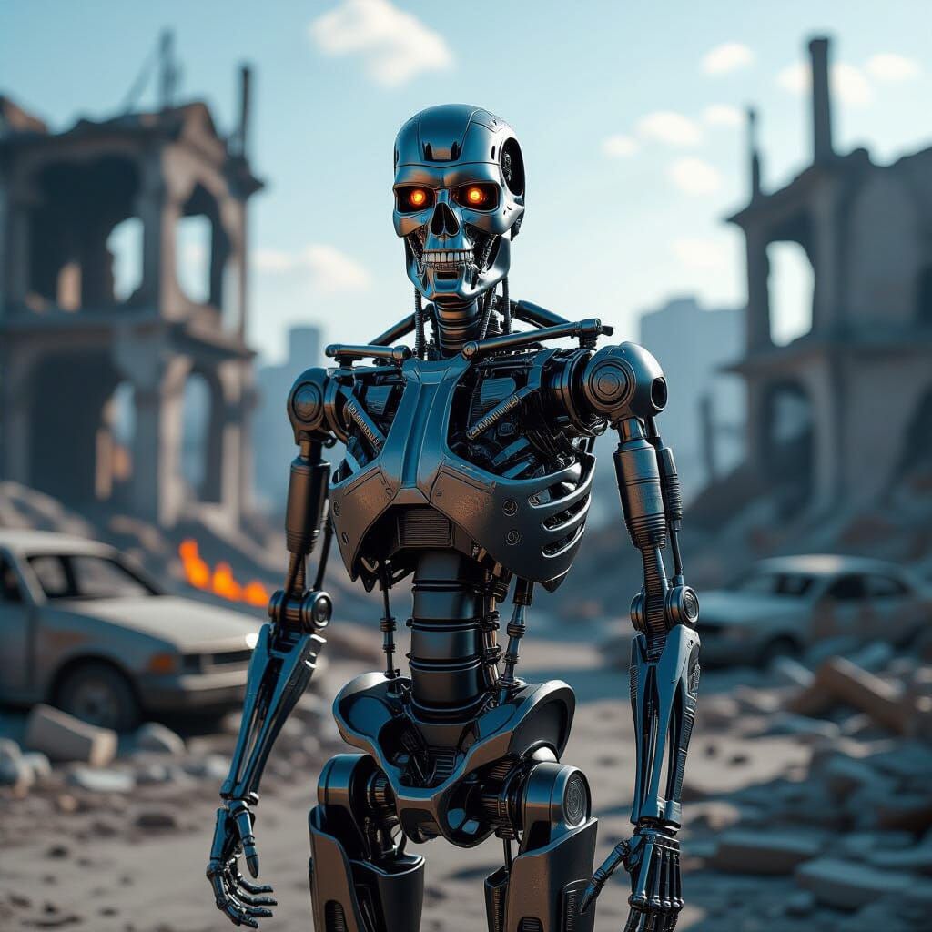 Cyberpunk Cyborg Skeleton Among War Ruins in UHD 8K