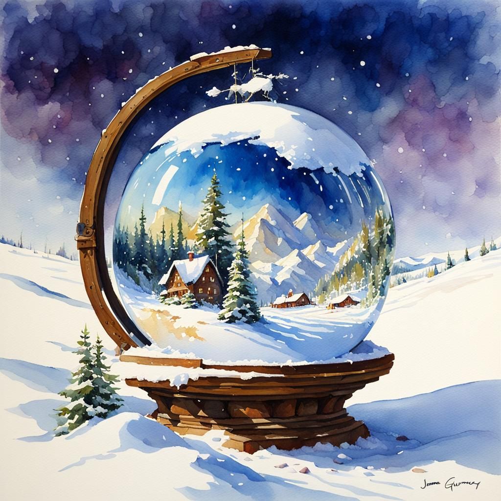 Snow Magic in Glass Ball, Watercolor Oil Painting