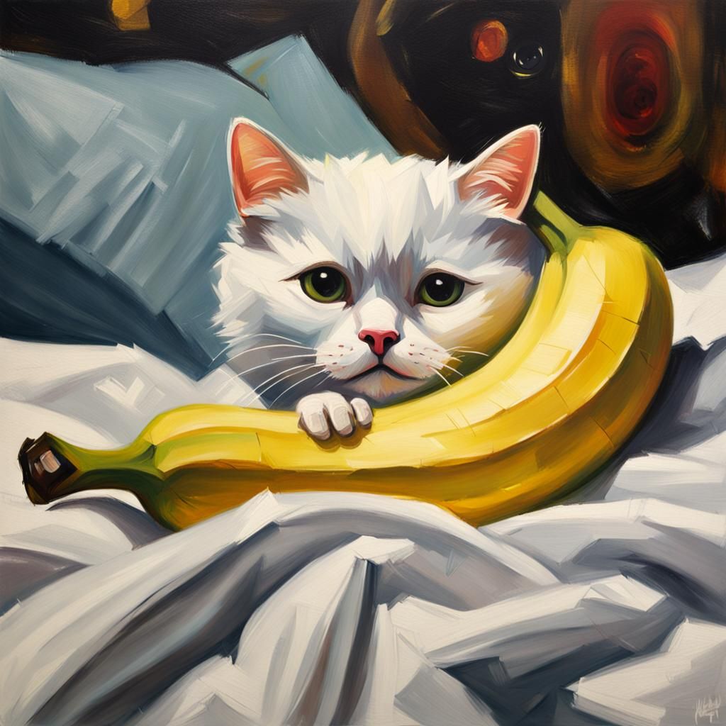 Sad Banana Kitten in Bed: Oil Painting