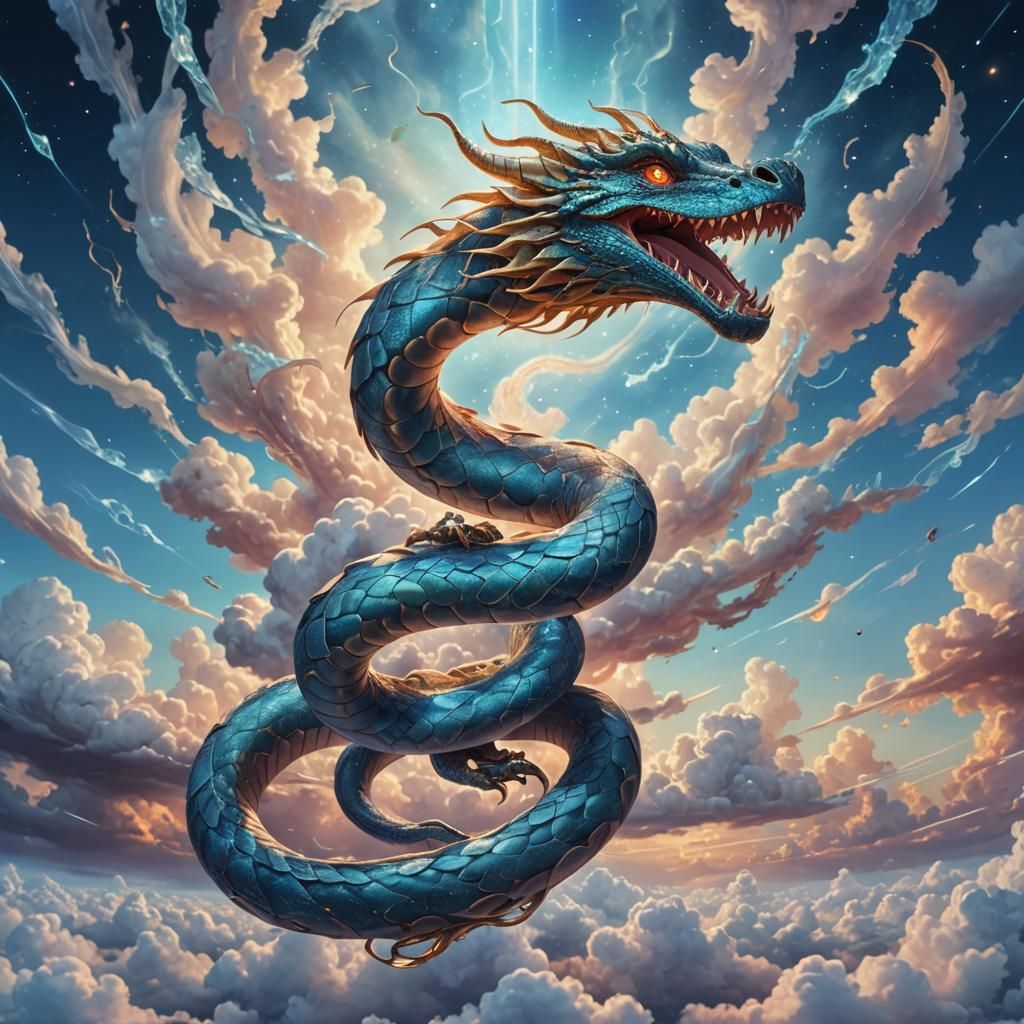 Dragon Snake Ascending in Sparkling Blue Sky