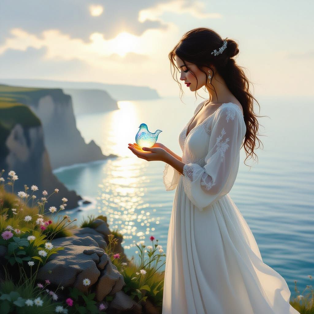 A solitary woman in a flowing white dress stands on a cliff ...