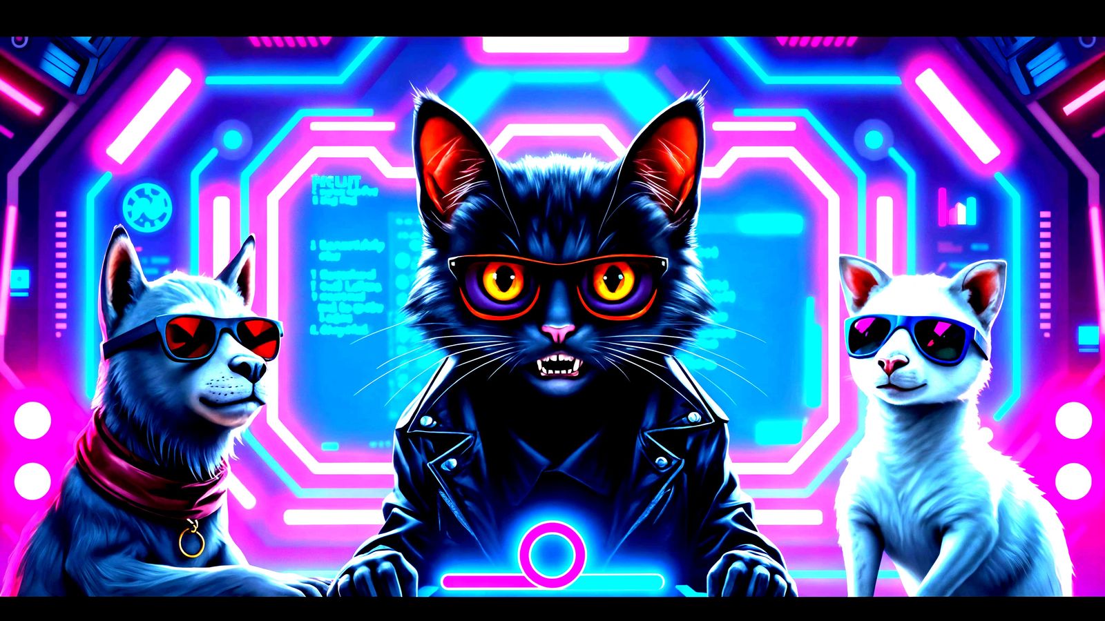 Cyberpunk Feline Coders in Disarray