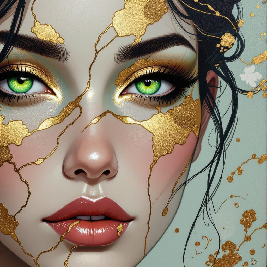 Kintsugi Woman with Green Eyes in Delicate Style