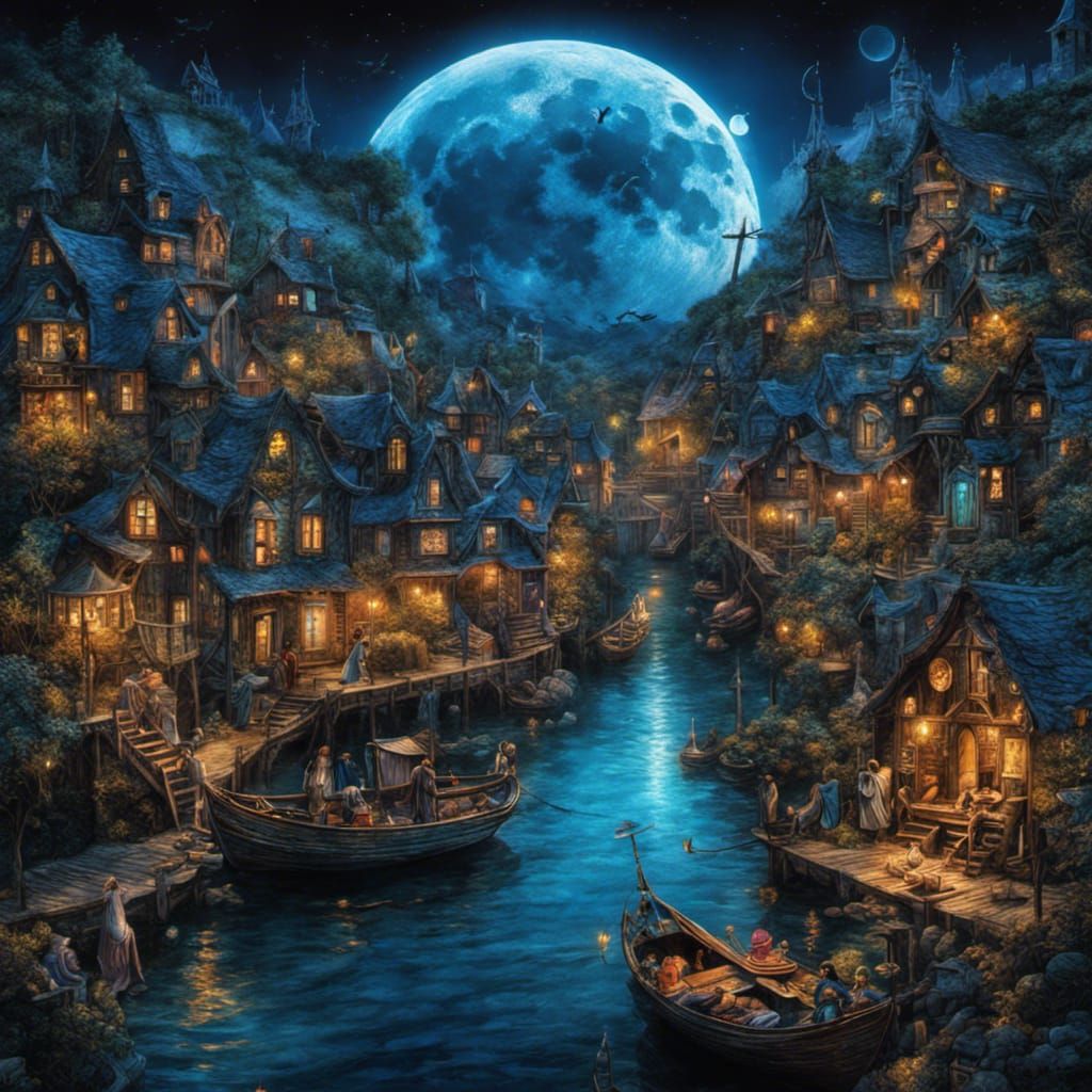 High Gothic Fishing Village Under Blue Moon