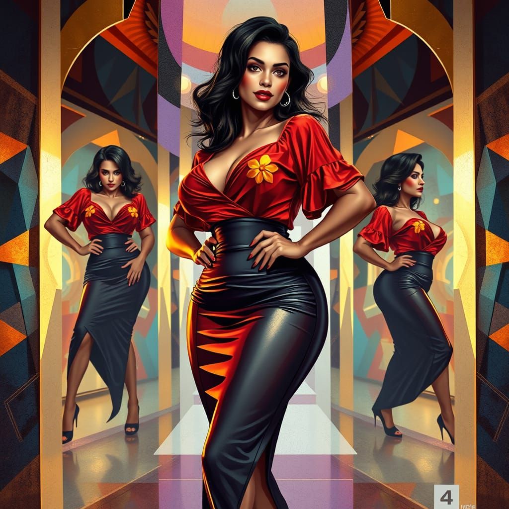 Vibrant Latina Woman in Dynamic Cubist Space