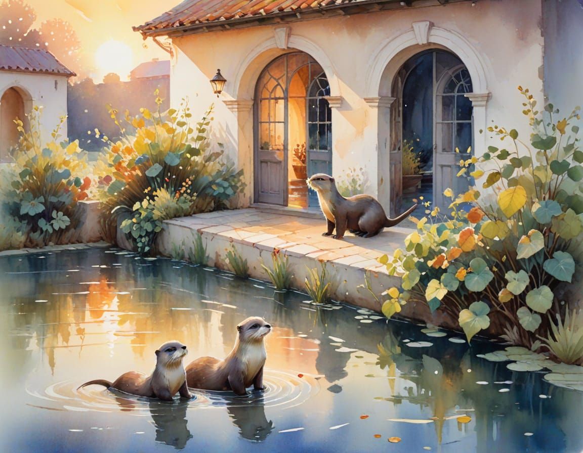 Otters Play in Flooded Vineyard: Watercolour Painting