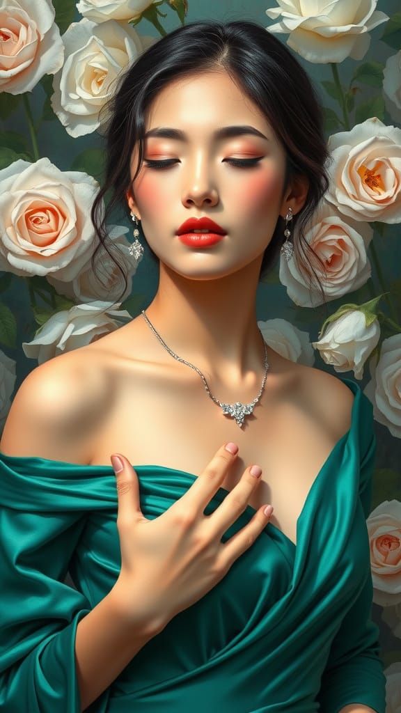 Ethereal Young Woman Enveloped by Roses in Emerald Splendor