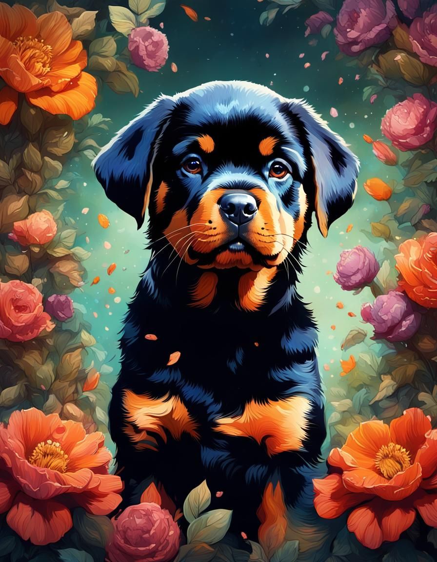 Adorable Rottweiler Puppy Portrait in Detailed Matte Style