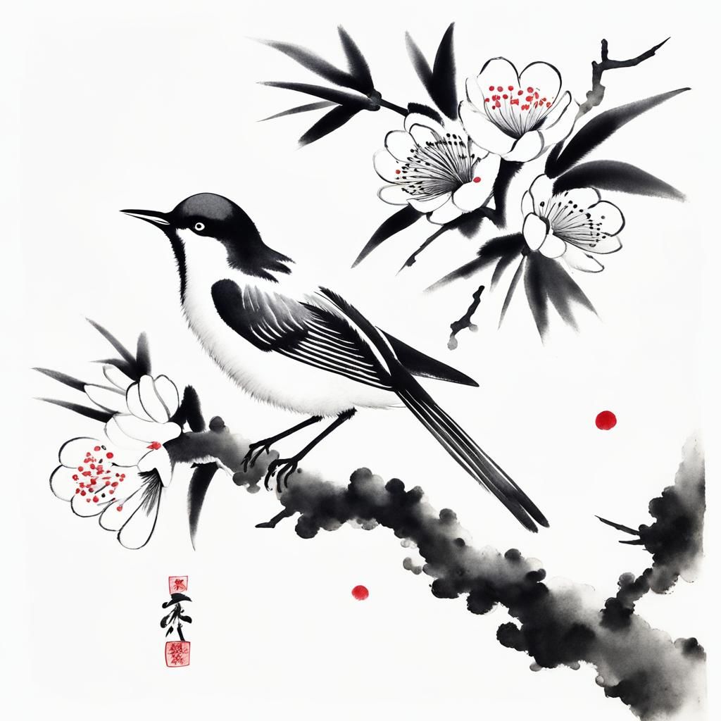 Sumi-e Blossom and Bird in Japanese Ink Painting