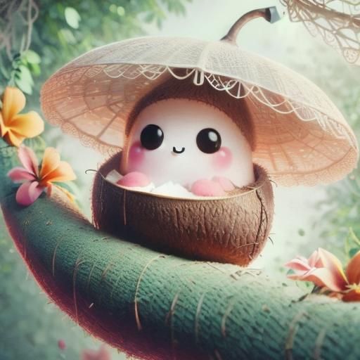 Whimsical Coconut in Hammock: Tropical Watercolor Illustrati...