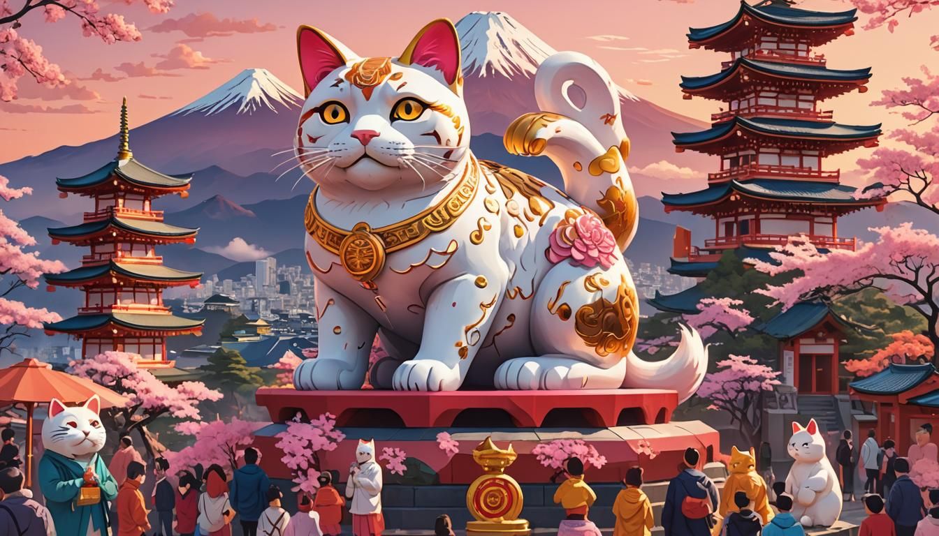 A huge Maneki-Niko cat has taken the prime place on a Buddhi...