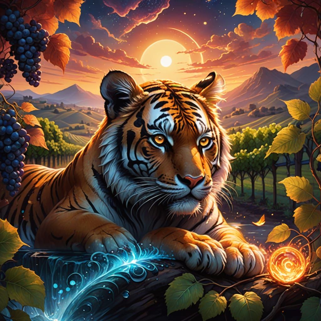 A fiery tiger cub with tiny, iridescent wings, curled up asl...