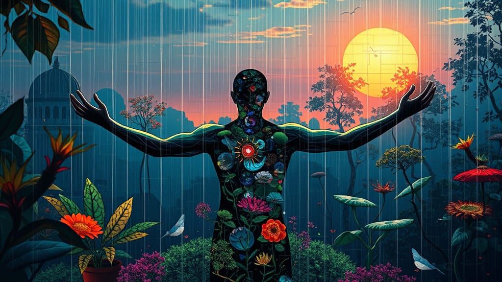 Surreal Rainy Night Garden with Glitch Art Figure