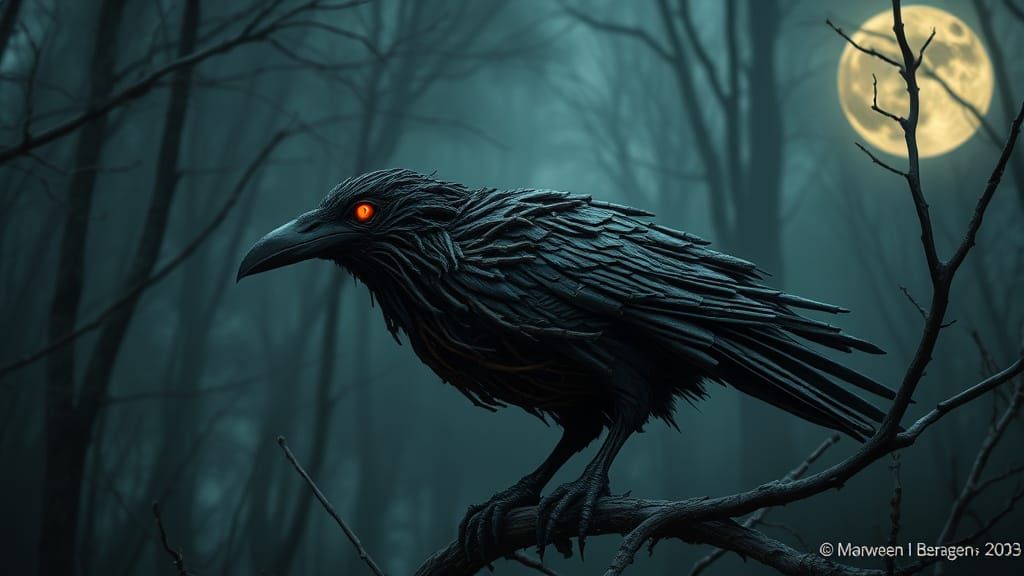 Mystical Stick Raven in Moonlit Forest