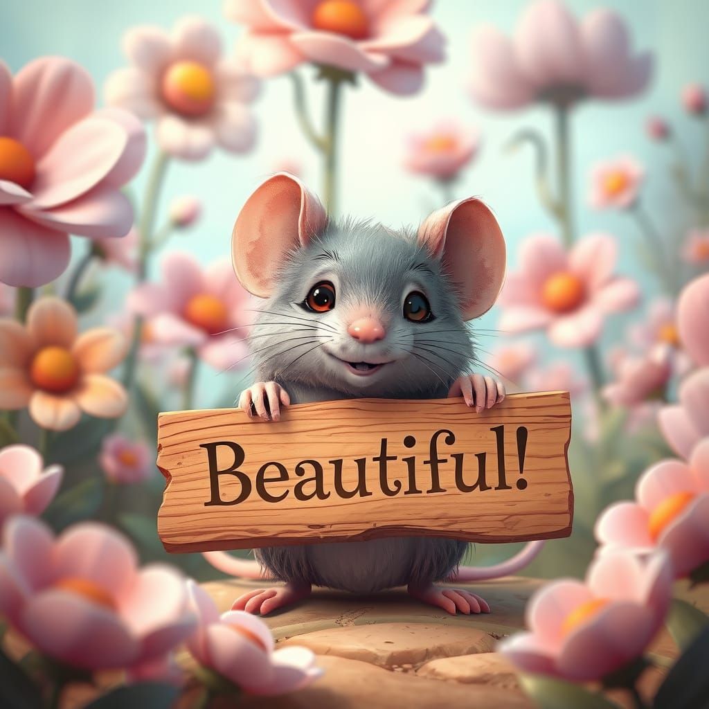 Fluffy Rat Holds Sign in Whimsical Wonderland