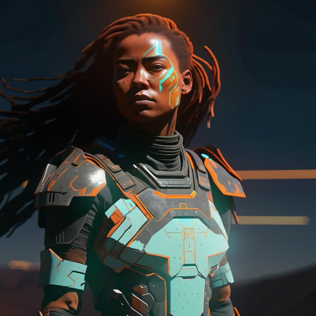 Futuristic Warrior in Wasteland: Neon Sci-Fi Art