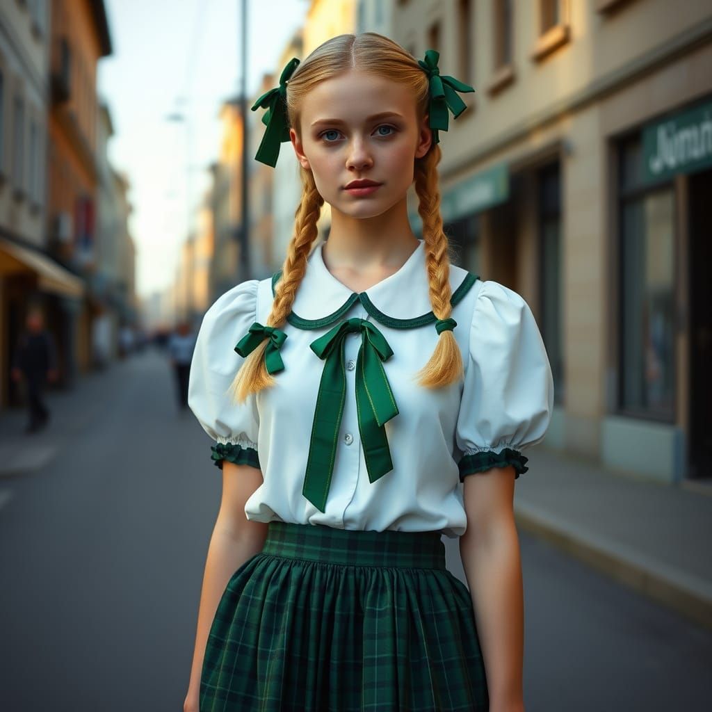 Cinematic Young Woman in Vintage Green Tartan Outfit