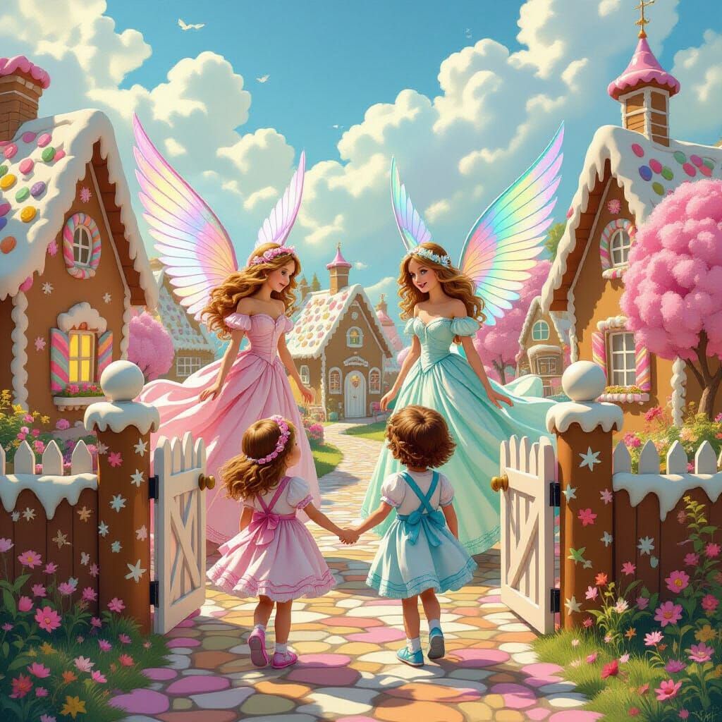 Sweet Village Encounter: Children Meet Winged Women