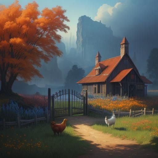 Fantasy Farm Scene with Watercolor Textures