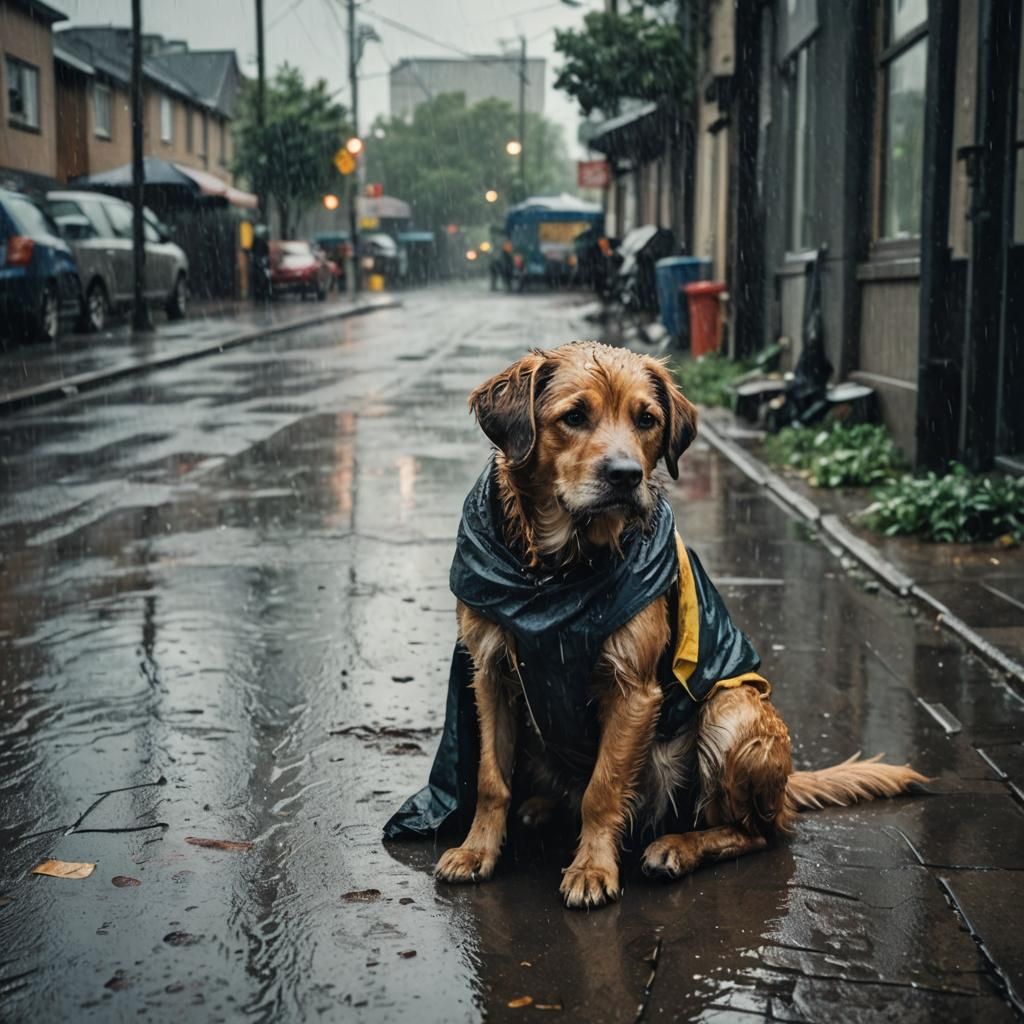 Homeless Dog in Rain: Cinematic Film Still