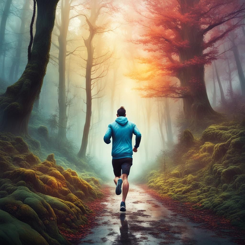 Man Jogging in Misty Forest: Graffiti Art Style