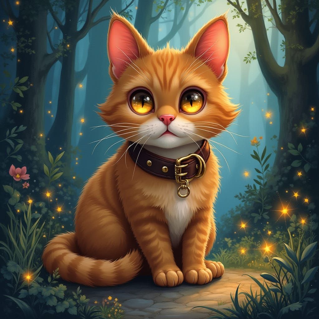 Mystical Brown Cat with Star Paws in Watercolor Style