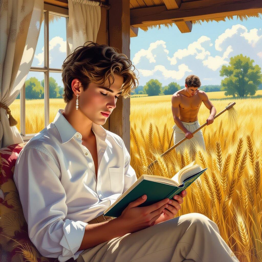 Boy Reads Ballet Book in Country Cottage