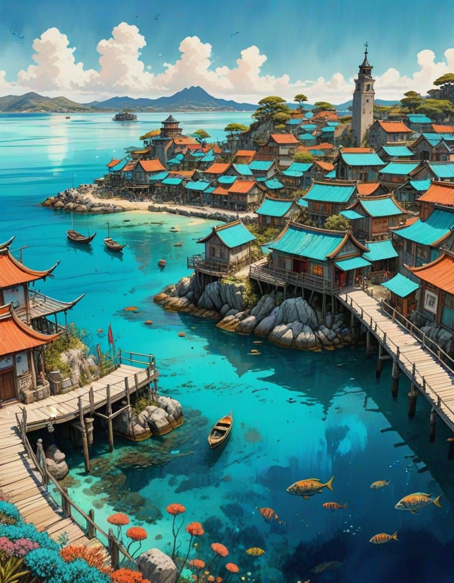 Vibrant Turquoise Fishing Village: Anime Watercolor Style