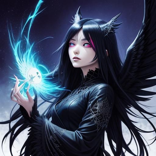 Dark Anime Woman with Wings and Supernatural Powers