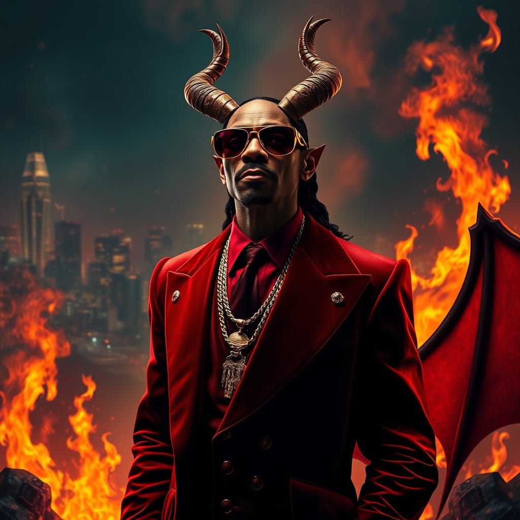 Luxurious Devil in Velvet Red, Hellish Realm with LA Citysca...