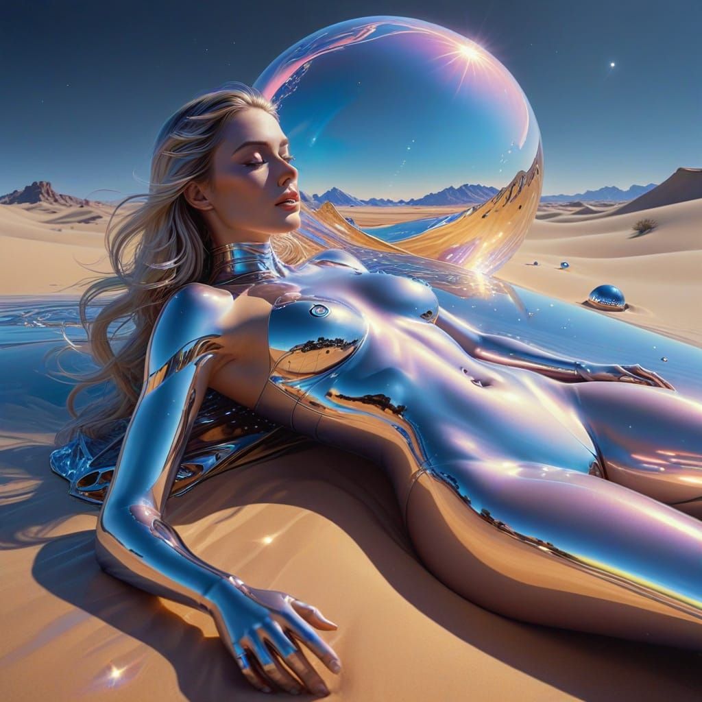 Chrome Android in Crystal Desert with Aurora Sky