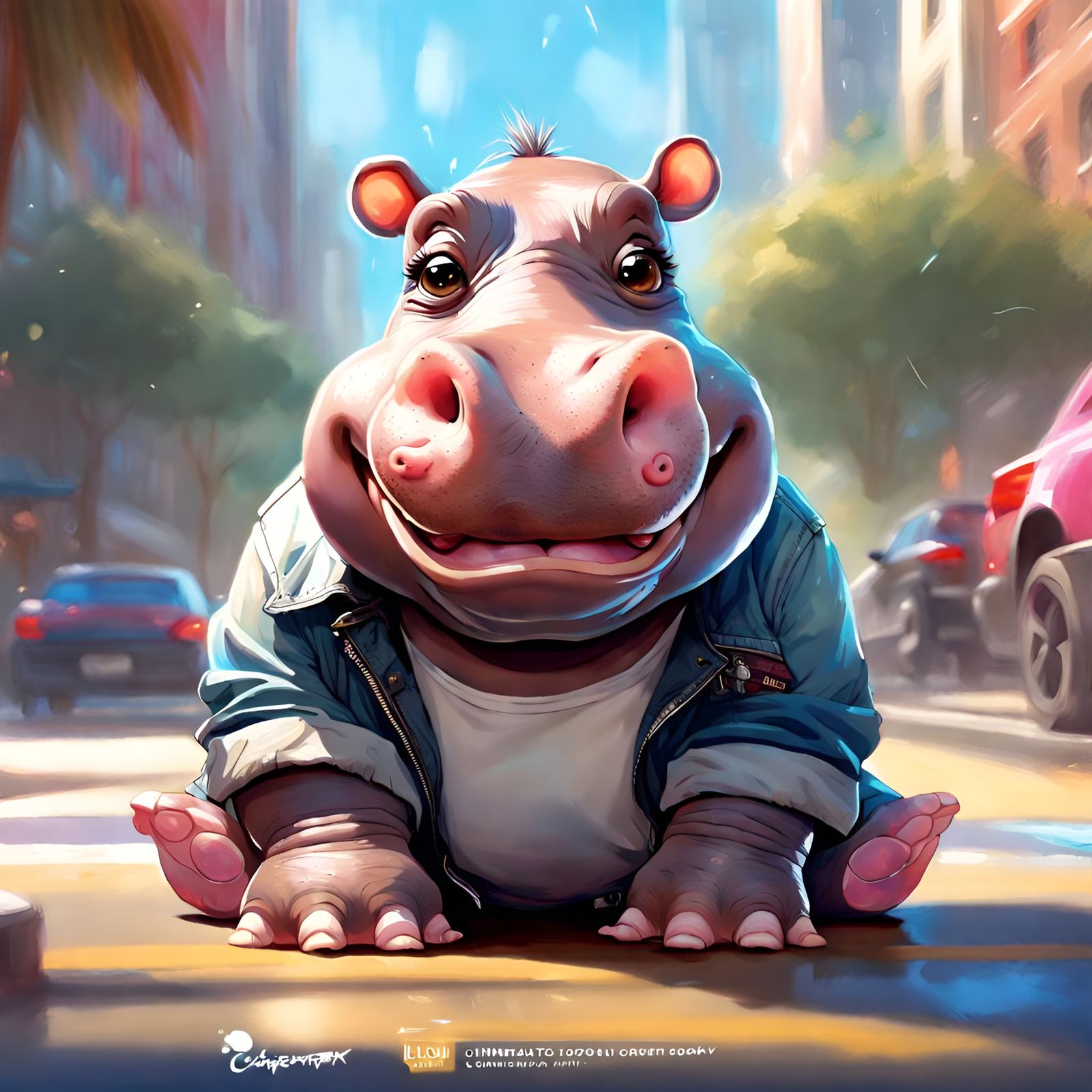 Happy Hip-Hop Hippo Portrait, Detailed Cartoon Art