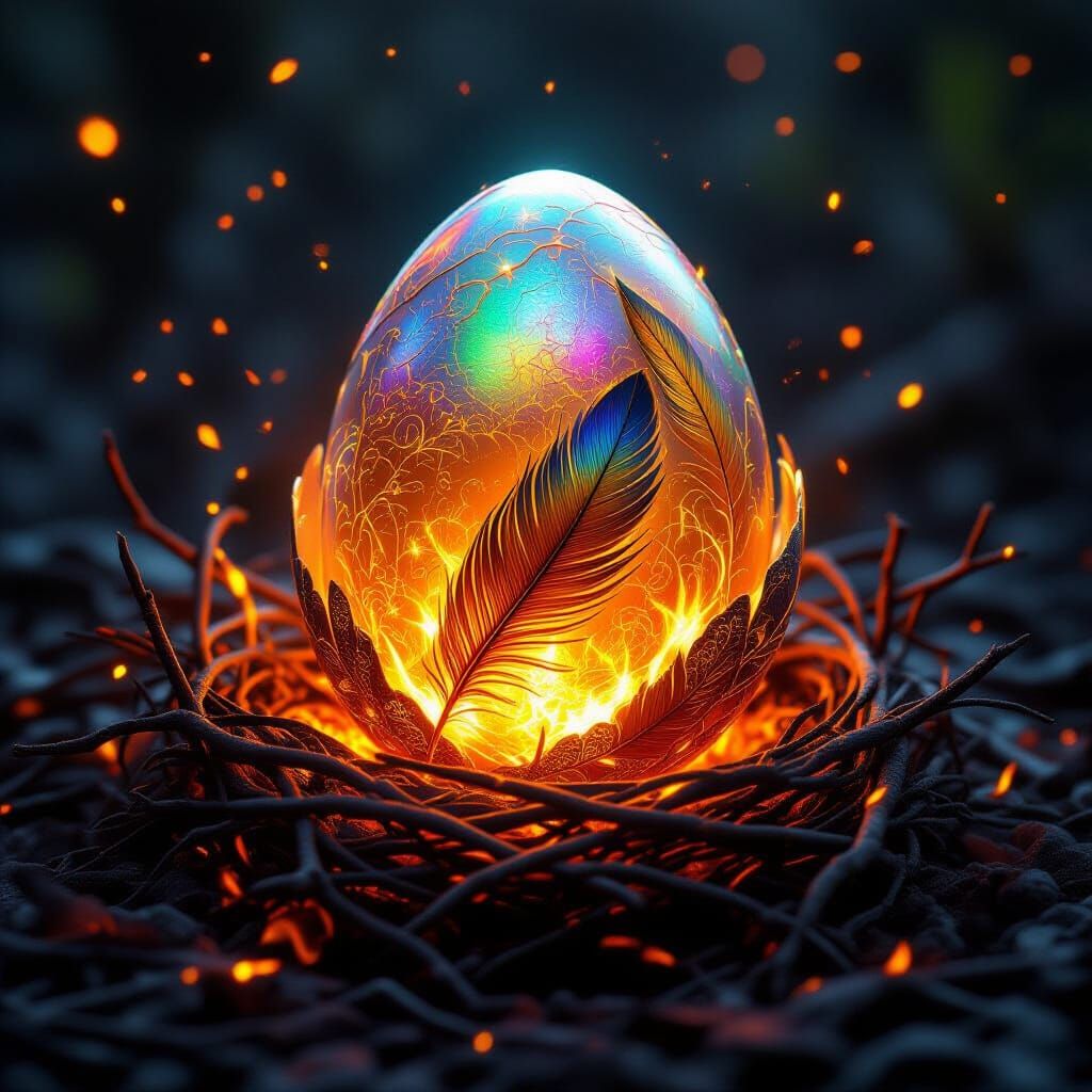 Iridescent Phoenix Egg in Embers, Realistic Fantasy