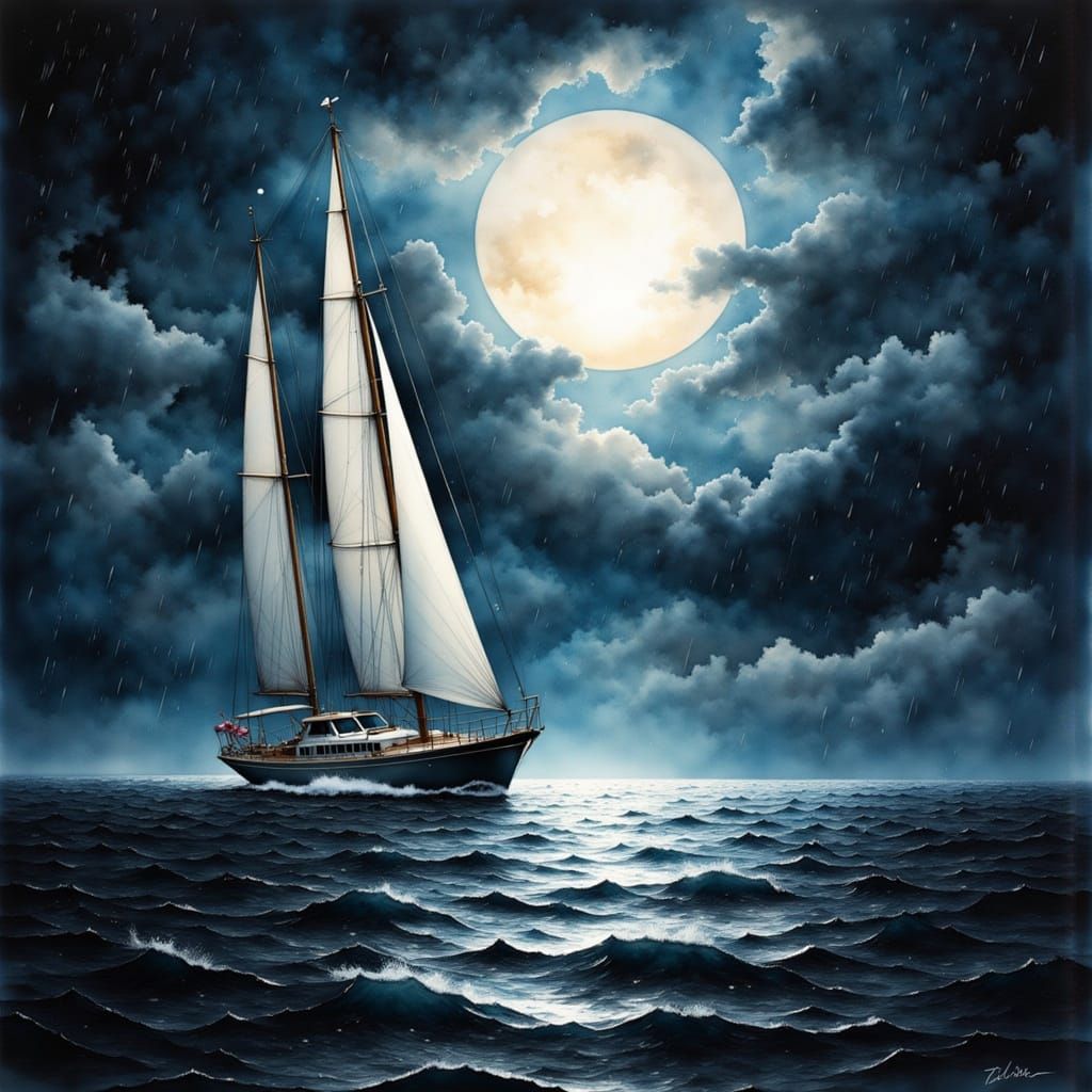 Luminous Sailboat Glides Across Stormy Waters in Muted Oil P...