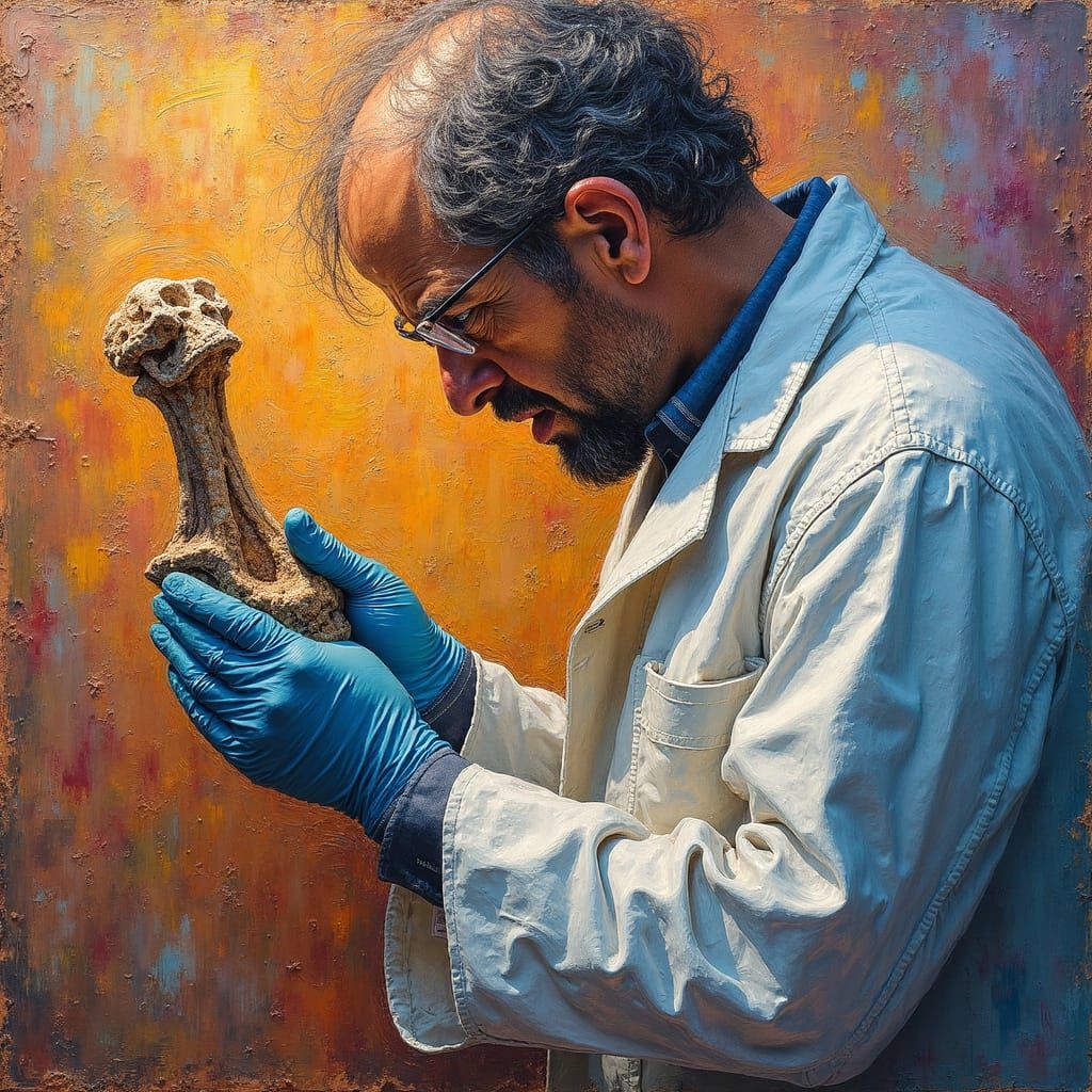 Scientist Examines Fossil in Expressionist Oil Painting