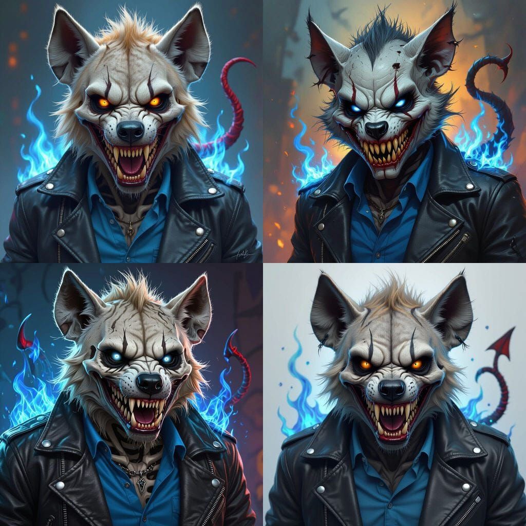 Sinister Hyena Creature with Blue Flames in Hyperrealistic S...