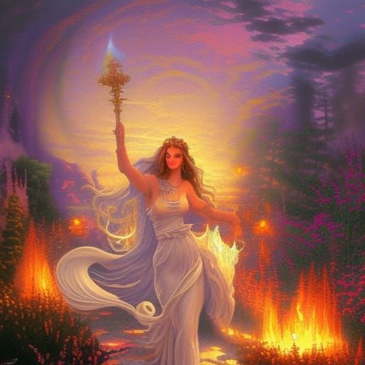 Ethereal Goddess of Fire in a Misty Landscape