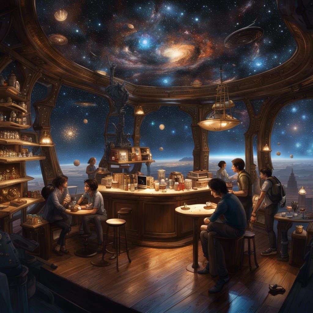 Hyperdetailed Coffee Shop in Space