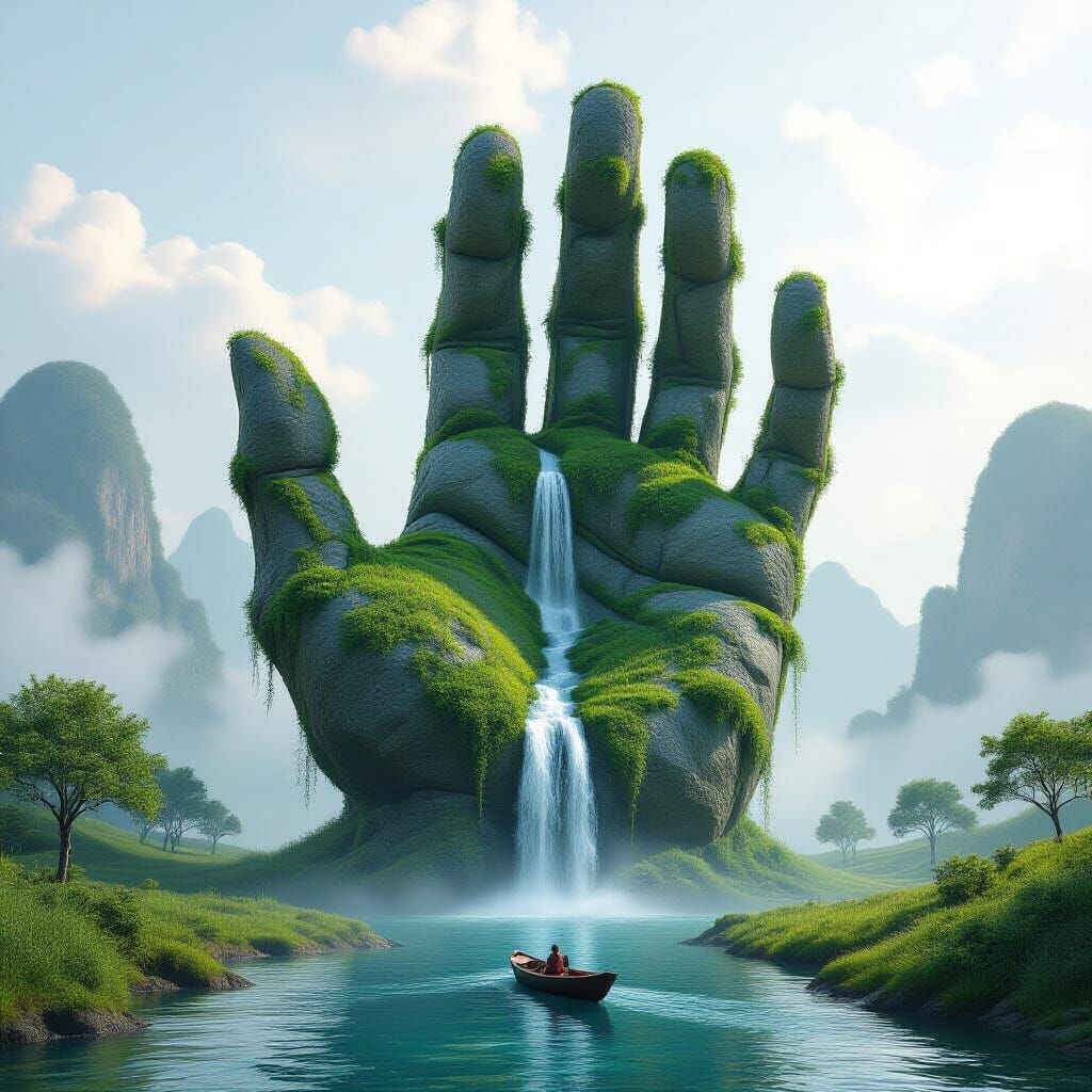 Surreal Colossal Stone Hand Emerging from Mist