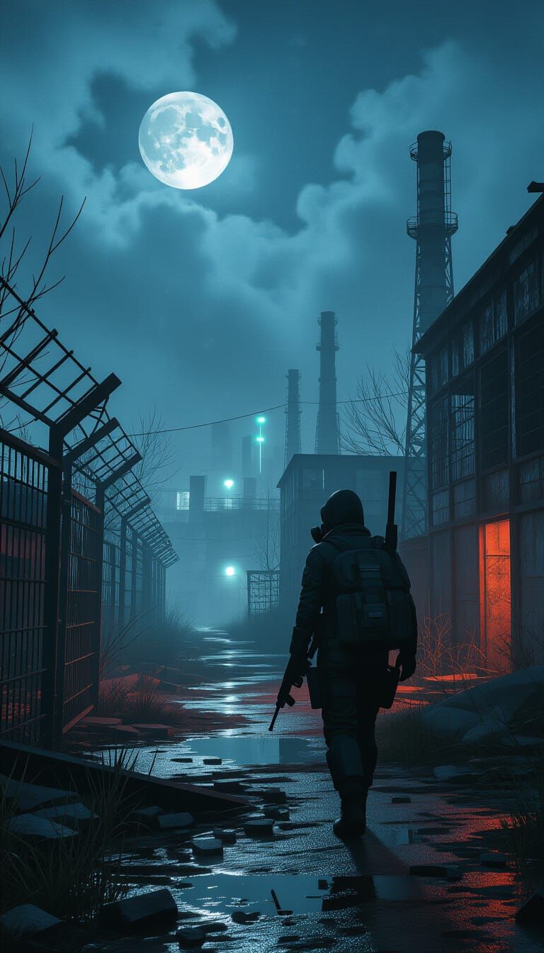 Post-Apocalyptic Stalker Navigates Eerie Industrial Zone